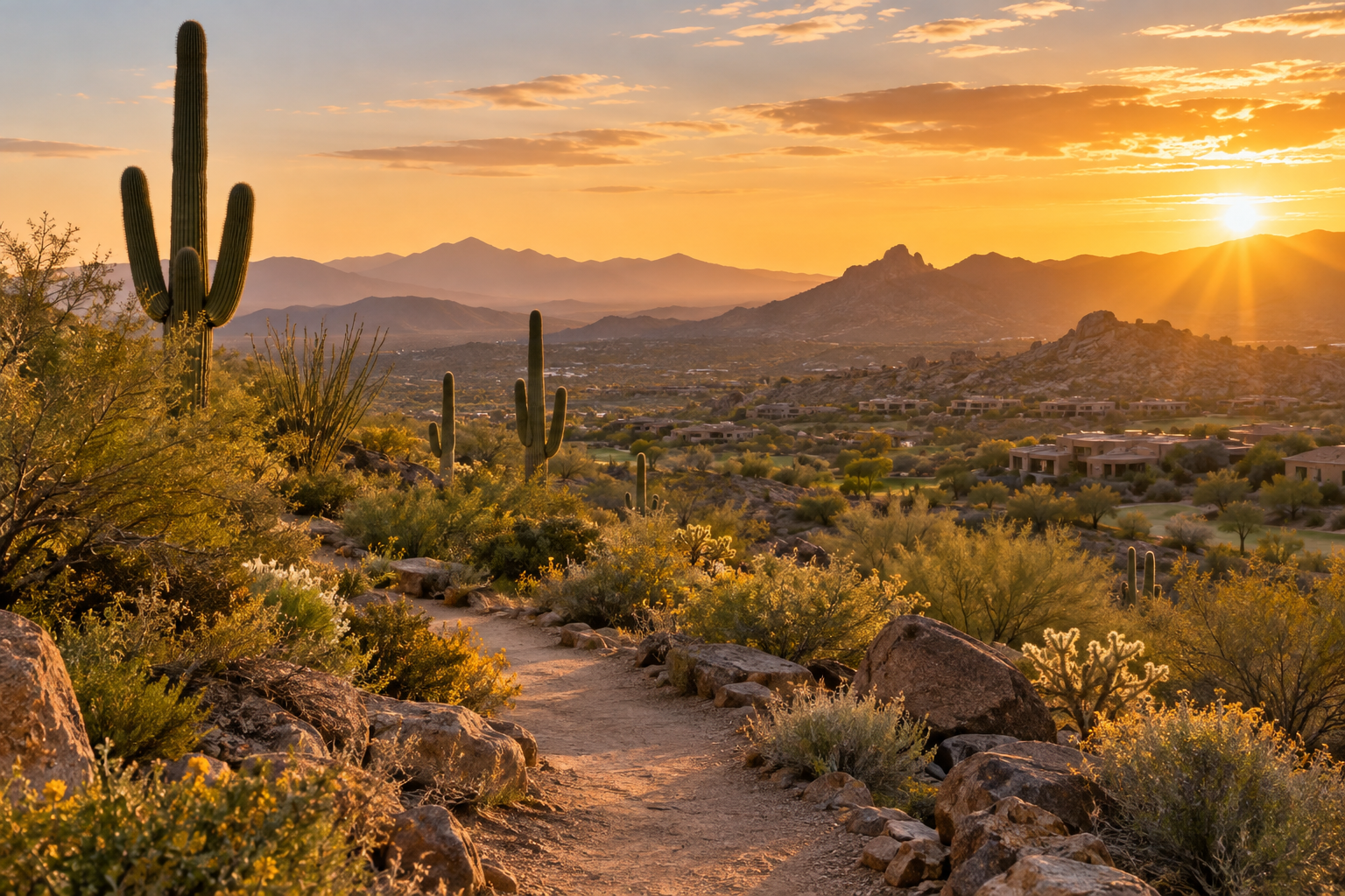 Arizona desert trail at sunset