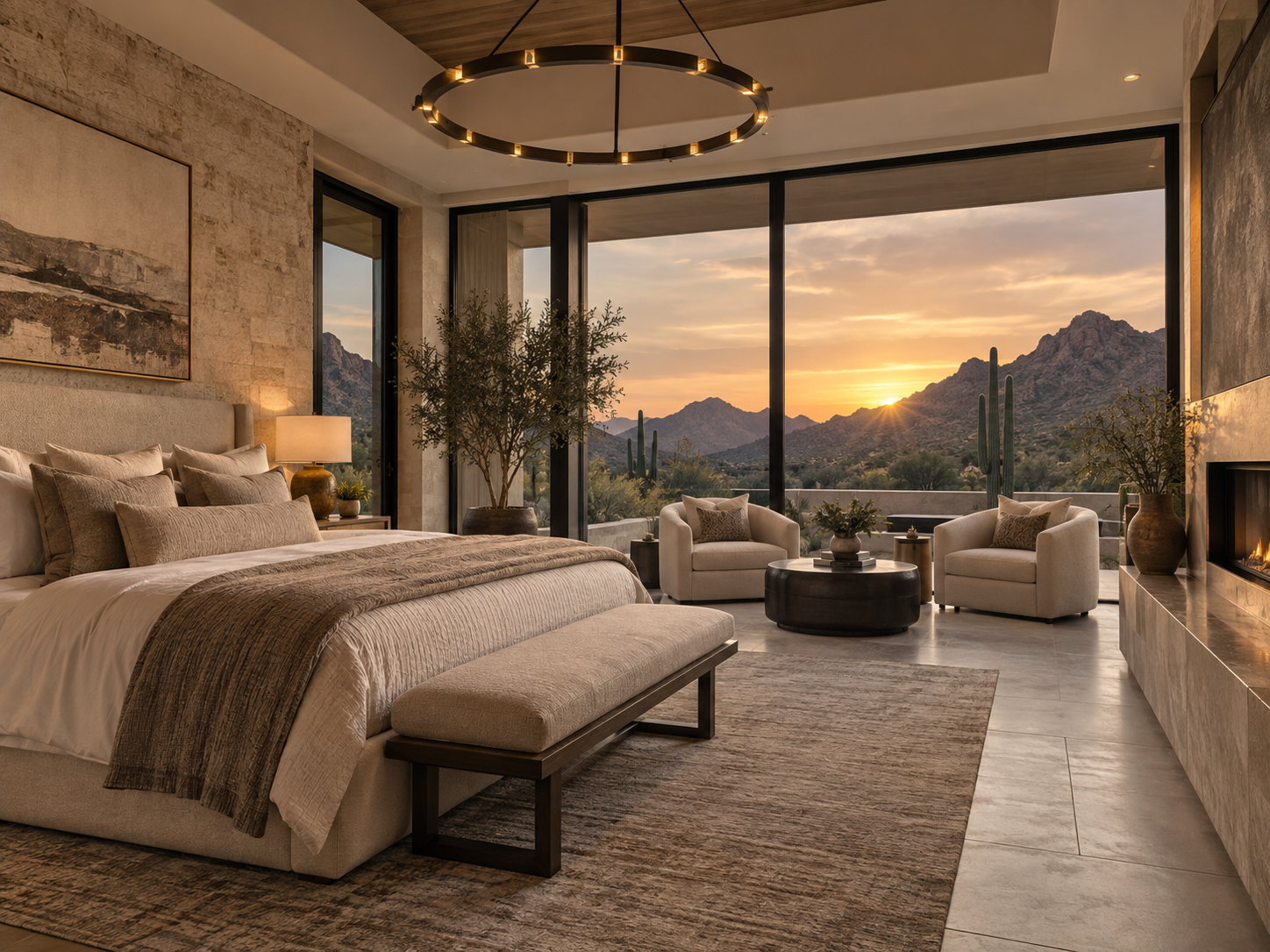 Luxury Arizona primary bedroom with mountain views at sunset