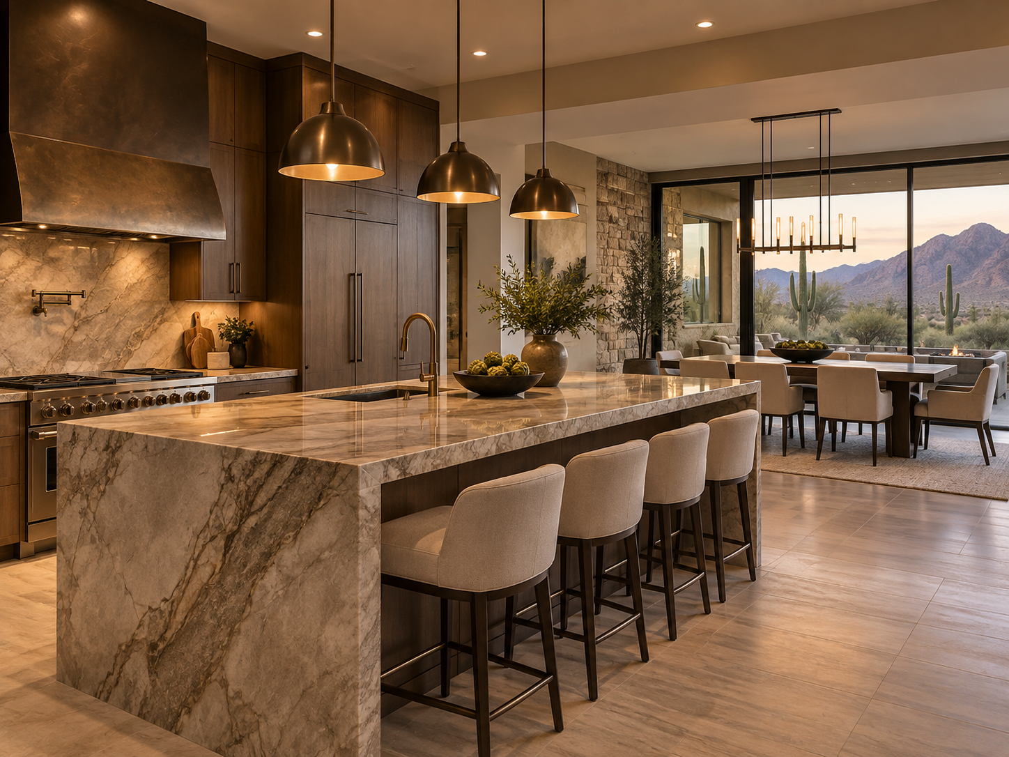 Luxury Arizona kitchen and dining area with desert mountain views