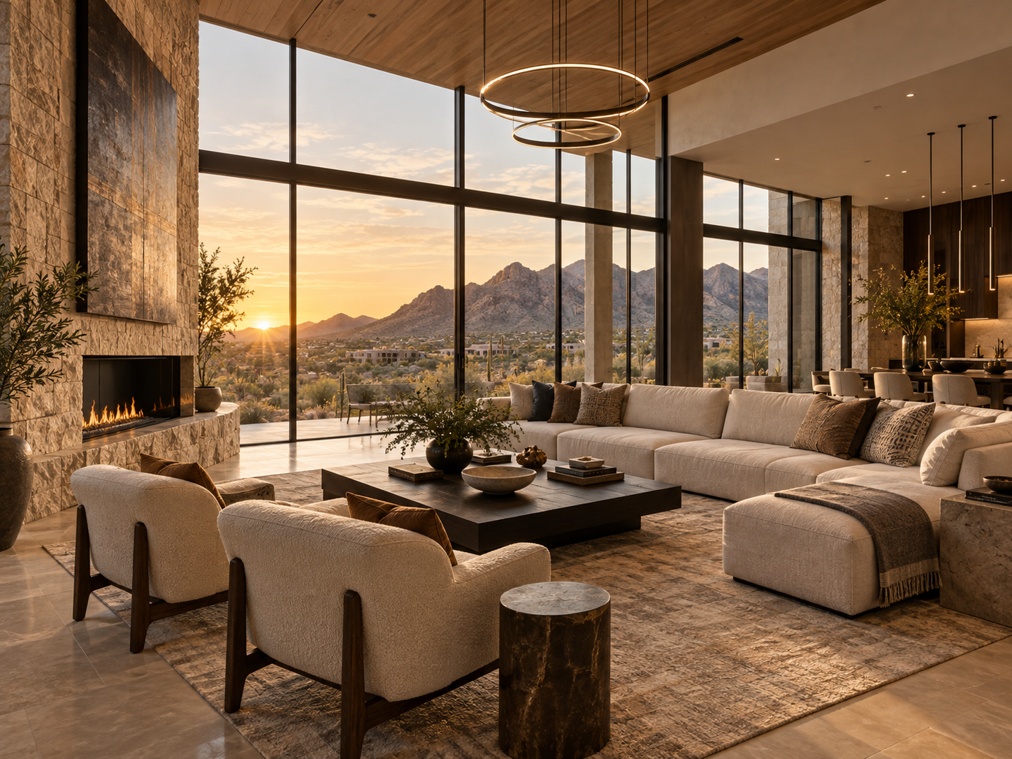 Luxury Arizona living room with mountain views at sunset